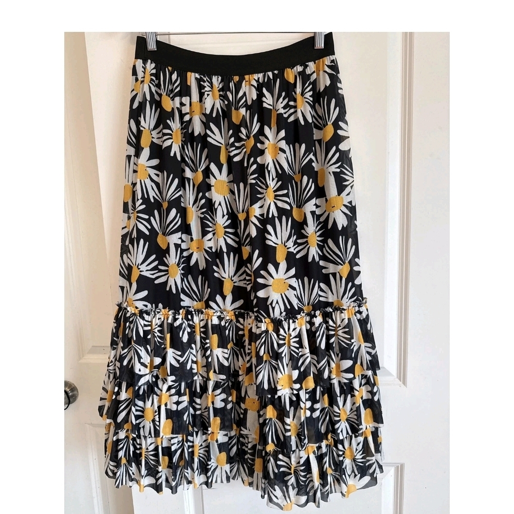 Anthropologie Eva Franco Yellow Daisy Tiered Mesh Midi Skirt Black Floral